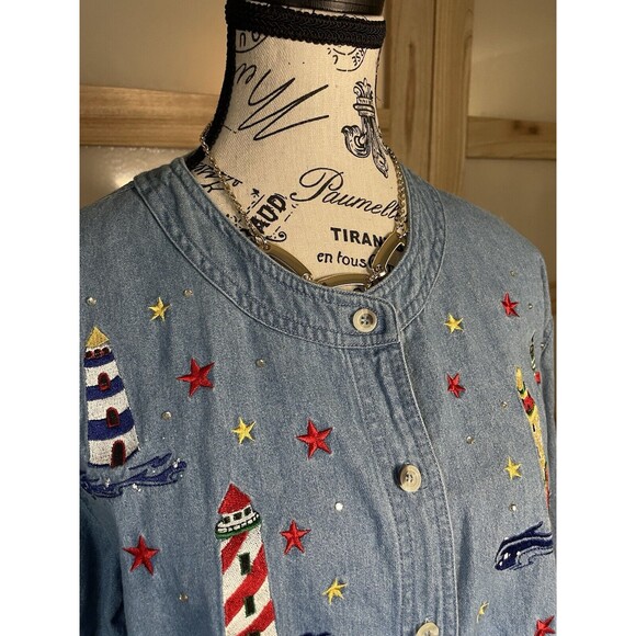 Quacker Factory Vintage Embroidered Nautical Denim Long Sleeve Button Down Sz 1X - Picture 9 of 12
